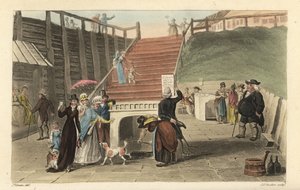 The Spa Wells: Turister som drikker spavannet fra brønnene ved Scarborough Spaw. Håndfarget kobberstikk av Thomas Rowlandson, akvatint av J. C. Stadler, etter en skisse av J. Green fra Poetical Sketches of Scarborough, Ackermann, London av Thomas Rowlandson