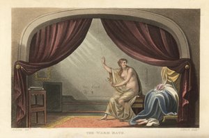 The Warm Bath: naken kvinne som tar et bad bak gardiner i et Regency-rom. Sagt å være et portrett av Mary Robinson, elskerinnen til kong George IV. Håndfarget kobberstikk av Thomas Rowlandson, akvatint av J. Bluck, etter en skisse av J. Green fra P av Thomas Rowlandson