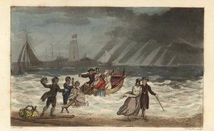 The Water Party: turister forlater en sjøreise på grunn av dårlig vær. Håndfarget kobberstikk av Thomas Rowlandson, akvatint av J.C. Stadler, etter en skisse av J. Green fra Poetical Sketches of Scarborough, Ackermann, London av Thomas Rowlandson