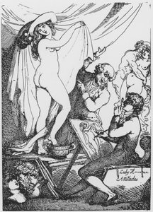 Den fremtidige Lady Hamilton poserer som Hygeia, helsegudinnen, ved Dr James Grahams Temple of Aesculapius av Thomas Rowlandson