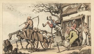 Skjelettet av Døden og den gamle tiden er inne for å ta Goody Bartons gamle mann, men vognen er allerede for full av lik. Håndfarget kobberplate tegnet og gravert av Thomas Rowlandson fra The English Dance of Death, Ackermann, London av Thomas Rowlandson