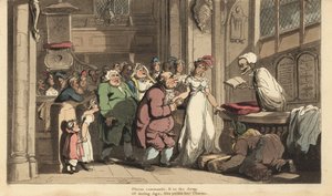 Skjelettet til Døden som prest som feirer bryllupet mellom en ung kvinne og en stygg gammel mann. Håndfarget kobberplate tegnet og gravert av Thomas Rowlandson fra The English Dance of Death, Ackermann, London av Thomas Rowlandson