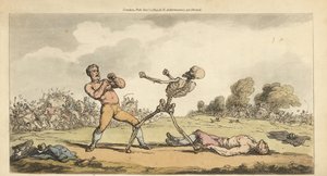 Skjelettet av Døden bokser med en bareknuckle premiejager mens en annen bokser ligger på bakken og mengden flykter i redsel. Håndfarget kobberplate tegnet og gravert av Thomas Rowlandson fra The English Dance of Death, Ackermann, London av Thomas Rowlandson