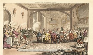 Dødens skjelett bringer en fatal delikat rett til en fråtsende fest i en storslått hall. Håndfarget kobberplate tegnet og gravert av Thomas Rowlandson fra The English Dance of Death, Ackermann, London av Thomas Rowlandson