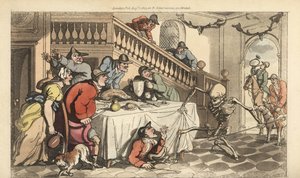 Dødens skjelett kommer etter en jeger mens han gjemmer seg under et bord etter en revejakt. Håndfarget kobberplate tegnet og gravert av Thomas Rowlandson fra The English Dance of Death, Ackermann, London av Thomas Rowlandson