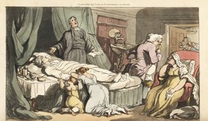 Dødens skjelett kommer for doktoren, mens presten ber over den døde kroppen til en god mann som sørget av hans kone og barn. Håndfarget kobberplate tegnet og gravert av Thomas Rowlandson fra The English Dance of Death, Ackermann, London av Thomas Rowlandson