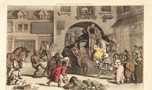 Dødens skjelett hjelper en stor matrone inn på den fatale siste scenen. Håndfarget kobberplate tegnet og gravert av Thomas Rowlandson fra The English Dance of Death, Ackermann, London av Thomas Rowlandson