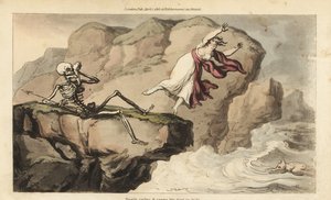 Dødens skjelett holder et lommetørkle til øyehulen hans mens en kvinne begår selvmord utenfor en klippe for å bli med sin druknede elsker. Håndfarget kobberplate tegnet og gravert av Thomas Rowlandson fra The English Dance of Death, Ackermann, London av Thomas Rowlandson