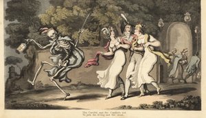 Dødens skjelett i kappe og caps danser med en lykt foran en dandy i uniform og to skjønnheter i muslinkjoler og sjal. Den skjødesløse og forsiktige. Håndfarget kobberplate tegnet og gravert av Thomas Rowlandson fra The English Dance of Death av Thomas Rowlandson