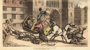 Skjelettet til Døden i kappe og lue kjører en tohestervogn mens den krasjer inn i veiarbeid og dreper passasjeren hans, en rettsoffiser. Håndfarget kobberplate tegnet og gravert av Thomas Rowlandson fra The English Dance of Death, Ackermann, London av Thomas Rowlandson