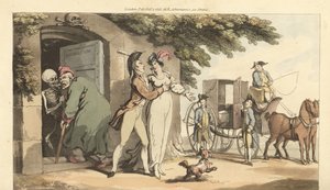Dødens skjelett fører en gammel mann inn i et mausoleum, og lar den unge enken hans gifte seg på nytt. Håndfarget kobberplate tegnet og gravert av Thomas Rowlandson fra The English Dance of Death, Ackermann, London av Thomas Rowlandson