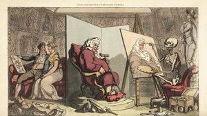 Skjelettet til Døden maler et portrett av en rådmann, mens den unge tjenestejenta hans flørter med en galant kunstner bak skjermen. Håndfarget kobberplate tegnet og gravert av Thomas Rowlandson fra The English Dance of Death, Ackermann, London av Thomas Rowlandson