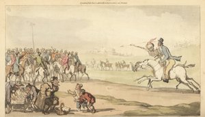 Dødens skjelett rir med en mann mot tippeposten på en veddeløpsbane, mens barn spiller et parti lotto. Håndfarget kobberplate tegnet og gravert av Thomas Rowlandson fra The English Dance of Death, Ackermann, London av Thomas Rowlandson