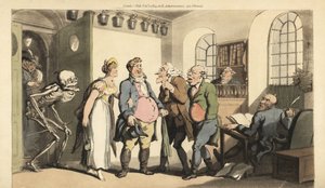 Skjelettet til Døden overrasker Ned Freeman når han besøker forsikringskontoret, og etterlater enken hans med en enorm sum. Håndfarget kobberplate tegnet og gravert av Thomas Rowlandson fra The English Dance of Death, Ackermann, London av Thomas Rowlandson