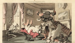Dødens skjelett kaster pilen sin mot en mann mens han velter fra en trapp mens han svinger en klokke over kappen. Han faller tilbake på sin kone i en stol. Håndfarget kobberplate tegnet og gravert av Thomas Rowlandson fra The English Dance av Thomas Rowlandson