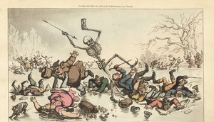Dødens skjelett med dart og timeglass på skøyter på en frossen dam mens andre skatere faller gjennom den knuste isen. Håndfarget kobberplate tegnet og gravert av Thomas Rowlandson fra The English Dance of Death, Ackermann, London av Thomas Rowlandson