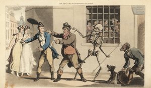 Skjelettet til Døden med pilen hans tar en Catchpole mens han prøver å kreve inn en gjeld fra en herremann i en gate, mens mange andre skyldnere ser bak murene på sherifens kontor. Håndfarget kobberplate tegnet og gravert av Thomas Rowlandson fra av Thomas Rowlandson