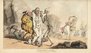 Dødens skjelett med timeglass og dart kommer for en pjerrot og andre klovner, mens en harlekin danser med en kvinne på en strand. Håndfarget kobberplate tegnet og gravert av Thomas Rowlandson fra The English Dance of Death, Ackermann, London av Thomas Rowlandson
