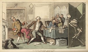 Statsmannen på kontoret hans er overrasket over skjelettfiguren Døden med kronen og pilen som dukker opp bak en skjerm. Håndfarget kobberplate tegnet og gravert av Thomas Rowlandson fra The English Dance of Death, Ackermann, London av Thomas Rowlandson