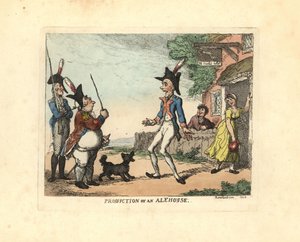 Tre soldater i uniform paraderer utenfor en taverna. av Thomas Rowlandson