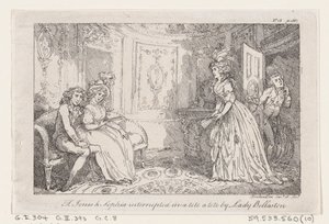 Tom Jones & Sophia avbrøt i en tete en tete av Lady Bellaston, fra The History of To..., 1792. av Thomas Rowlandson