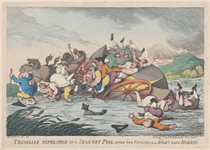 Reisende forfrisket i et Stagnet [sic] basseng, etter utmattelsen av en støvet..., 1. februar 1809. av Thomas Rowlandson