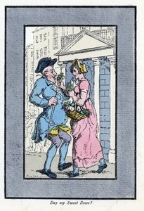 Omreisende blomsterselger, nærmer seg en smilende herre med en liten bukett roser (1819). Tregravering, basert på et maleri av Thomas Rowlandson (1756-1827), utgitt i The Cris of London: med seks sjarmerende barn og nesten 40 illustrasjoner, b. av Thomas Rowlandson