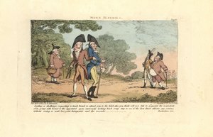 To Regency-herrer er i ferd med å kjempe en duell med pistoler. av Thomas Rowlandson