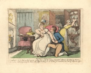 To elskere i en salong forstyrret av nysgjerrige hushjelper. av Thomas Rowlandson