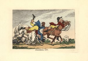 To menn falt av hestene sine etter å ha vist seg frem. Vise seg frem. av Thomas Rowlandson