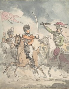 Ubrukt studie for en tallerken til Ungarsk og Highland Broadsword Exercise 12. februar 1799, ca 1799. av Thomas Rowlandson.