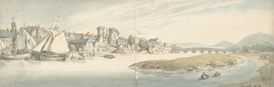 Utsikt over byen ved en elv Carwitham Castle, 1775-1827. av Thomas Rowlandson