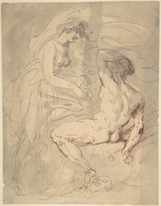 Kvinne som snakker med en sittende mannlig nakenmodell av Thomas Rowlandson