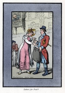 Kvinne som betaler og legger et brev i en pose båret av en ansatt i det britiske kongelige postkontoret. Tregravering, basert på et maleri av Thomas Rowlandson (1756-1827), utgitt i The Cris of London: med seks sjarmerende barn og nesten 40 illustrasjoner, av Thomas Rowlandson