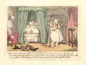 Kvinne søler en kanne vann over seg selv i løpet av natten. av Thomas Rowlandson