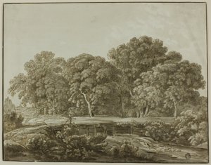 Landskap med figur som krysser bro over bekk av Thomas Sandby