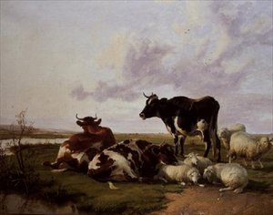 Storfe og sauer på beite av Thomas Sidney Cooper