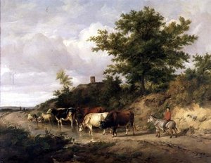 Skoglandskap med en gutt på et esel og storfe ved et vadested av Thomas Sidney Cooper