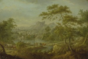 Et imaginært landskap med en vogn og en fjern utsikt over en by (olje på kobber)