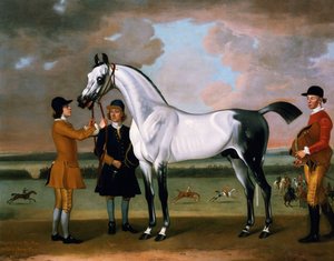 Hertugen av Boltons "Starling" med en jockey og brudgom på Newmarket