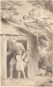 Peter og hans barn besøkt av tre flygende figurer av Thomas Stothard