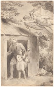 Peter og hans barn besøkt av tre flygende skikkelser av Thomas Stothard