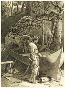 ?Robinson Crusoe og fredag lager en båt? fra ?The Life and Strange Surprising Adventures of Robinson Crusoe, or York, Mariner? av Daniel Defoe