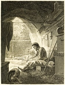 ?Robinson Crusoe på jobb i hulen sin? fra ?The Life and Strange Surprising Adventures of Robinson Crusoe, or York, Mariner? av Daniel Defoe