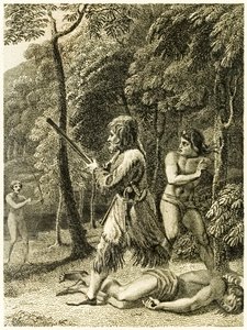 ?Robinson Crusoe først ser og redder mannen sin fredag? fra ?The Life and Strange Surprising Adventures of Robinson Crusoe, or York, Mariner? av Daniel Defoe