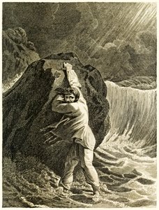 ?Robinson Crusoe forliste og klamret seg til en stein? fra ?The Life and Strange Surprising Adventures of Robinson Crusoe, or York, Mariner? av Daniel Defoe