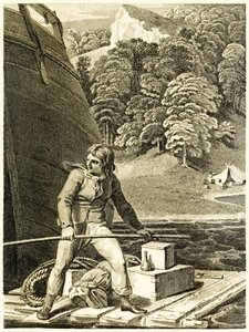 ? Robinson Crusoe på hans flåte? fra ?The Life and Strange Surprising Adventures of Robinson Crusoe, or York, Mariner? av Daniel Defoe av Thomas Stothard
