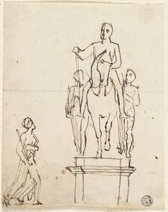 Skulptur av rytter akkompagnert av to stående figurer, med skisse av en av de siste av Thomas Stothard