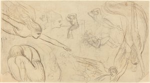 Ark med studier med engler og krypende figurer (illustrasjon for Macklins bibel?) av Thomas Stothard