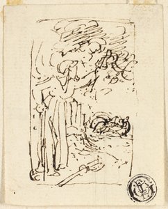 Skisse av figur som lener seg på stokk av Thomas Stothard